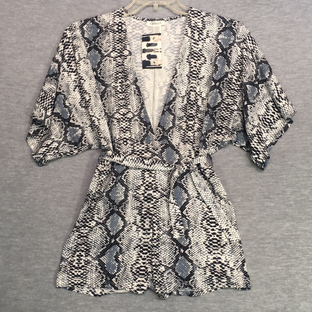 CAPELLA NWT Super Soft and Stretchy V Neck Romper Snakeskin Design and Tie Belt